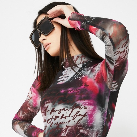 Smokey Script Printed long sleeve Mesh Mini Dress - Picture 4 of 4